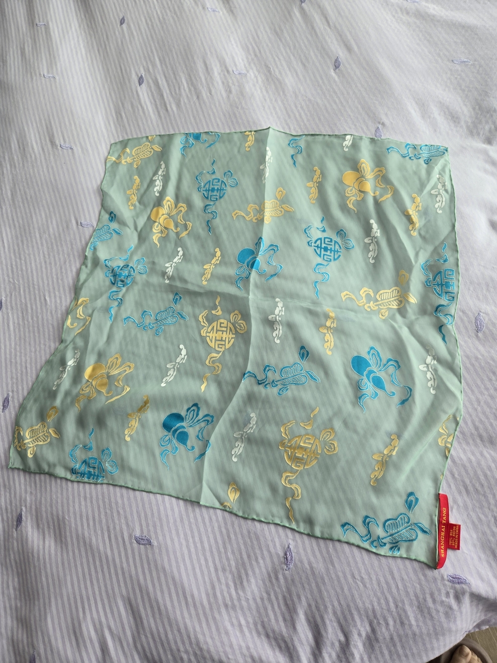 Shanghai Tang Seafoam Green Swim Neck Scarf with Blue and Yellow Chinese Motifs